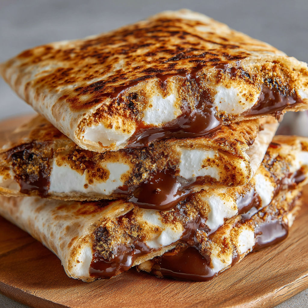 A stack of three sandwiches with chocolate sauce drizzled on top, likely a dessert or treat.
