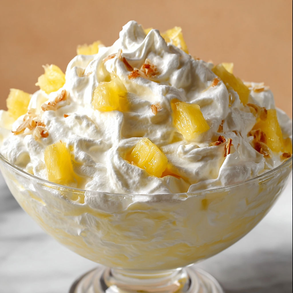 A large bowl of Cool Whip Pineapple Fluff is displayed on a table.