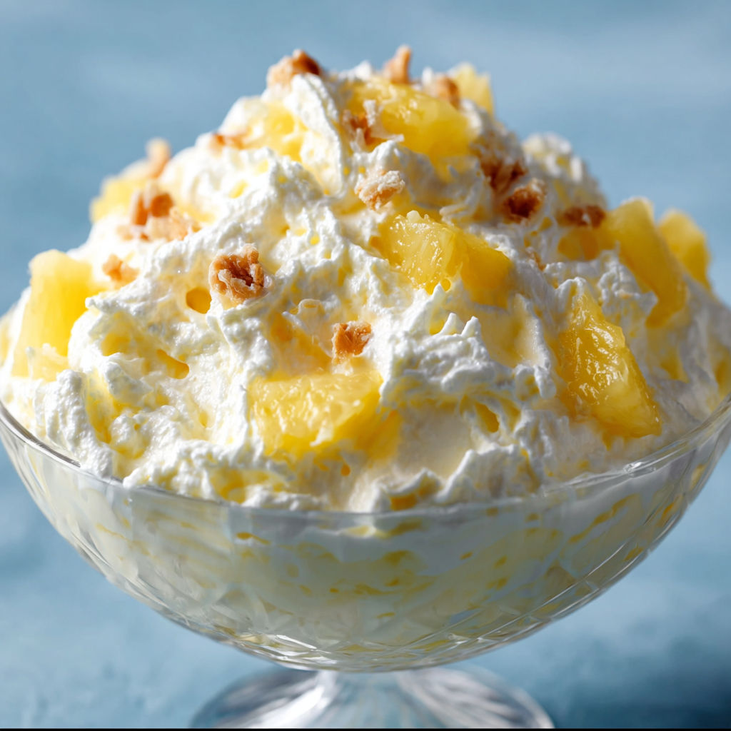 A bowl of Cool Whip Pineapple Fluff is displayed on a table.