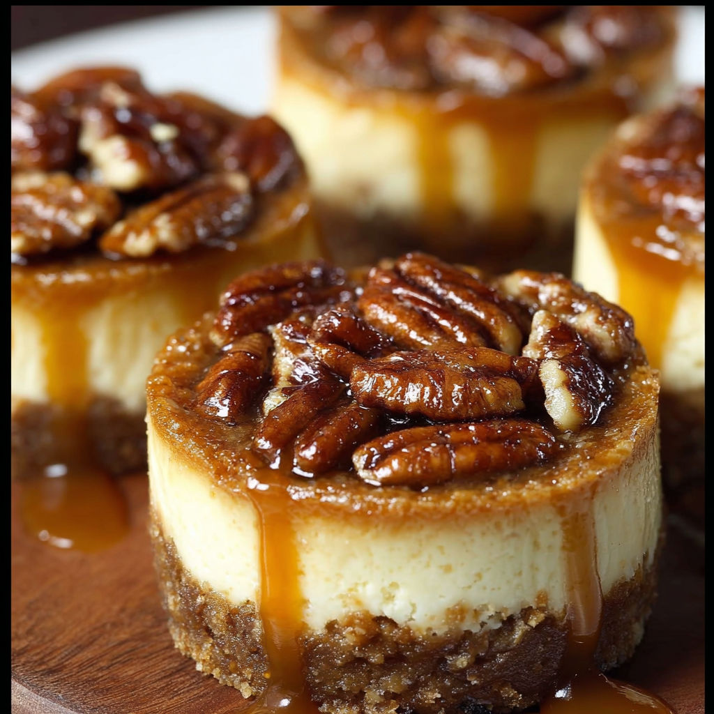 A slice of pecan pie with caramel drizzle on a wooden platter.