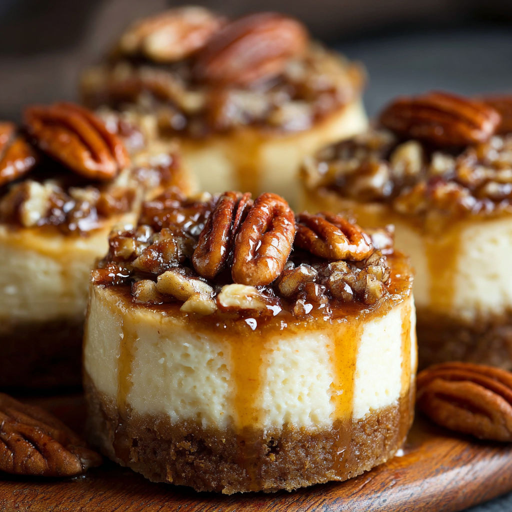 A close up of a dessert with a pecan topping, likely a pecan pie or cheesecake, on a wooden platter.