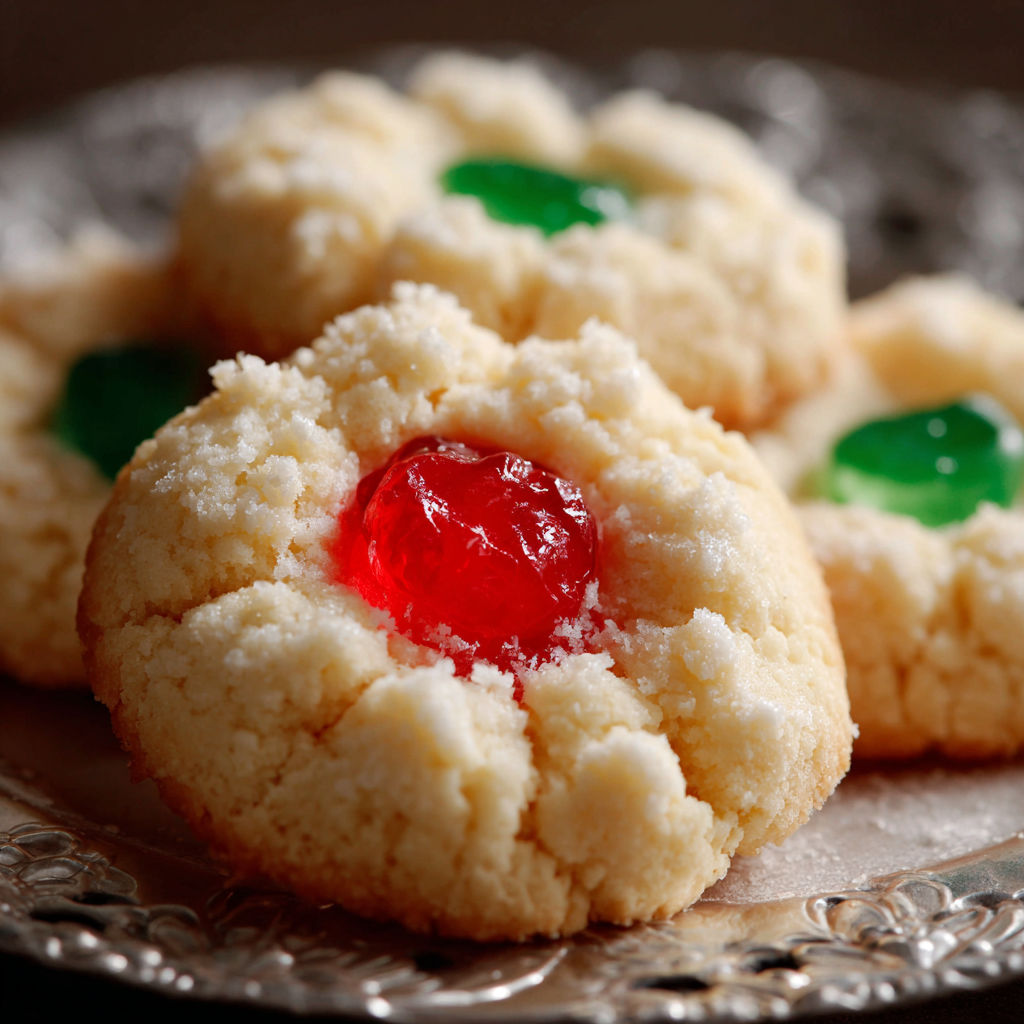 A plate of shortbread cookies with red and green jelly in the center.