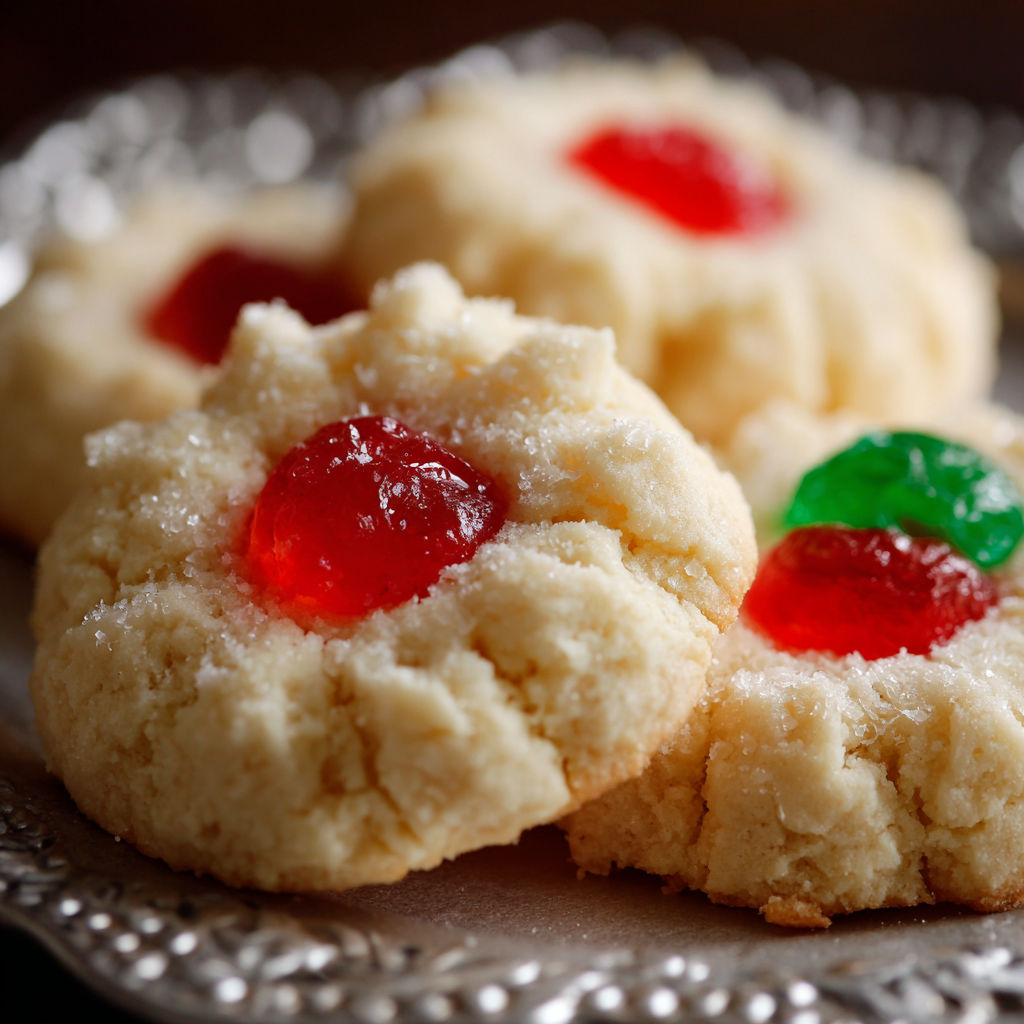 A plate of cookies with green and red jelly beans on top.