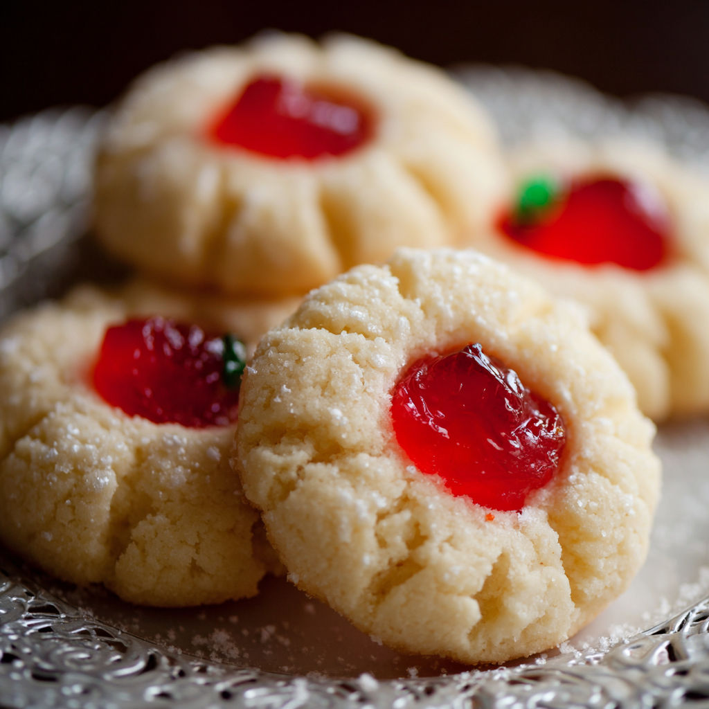 A plate of cookies with jelly in the center, topped with powdered sugar.