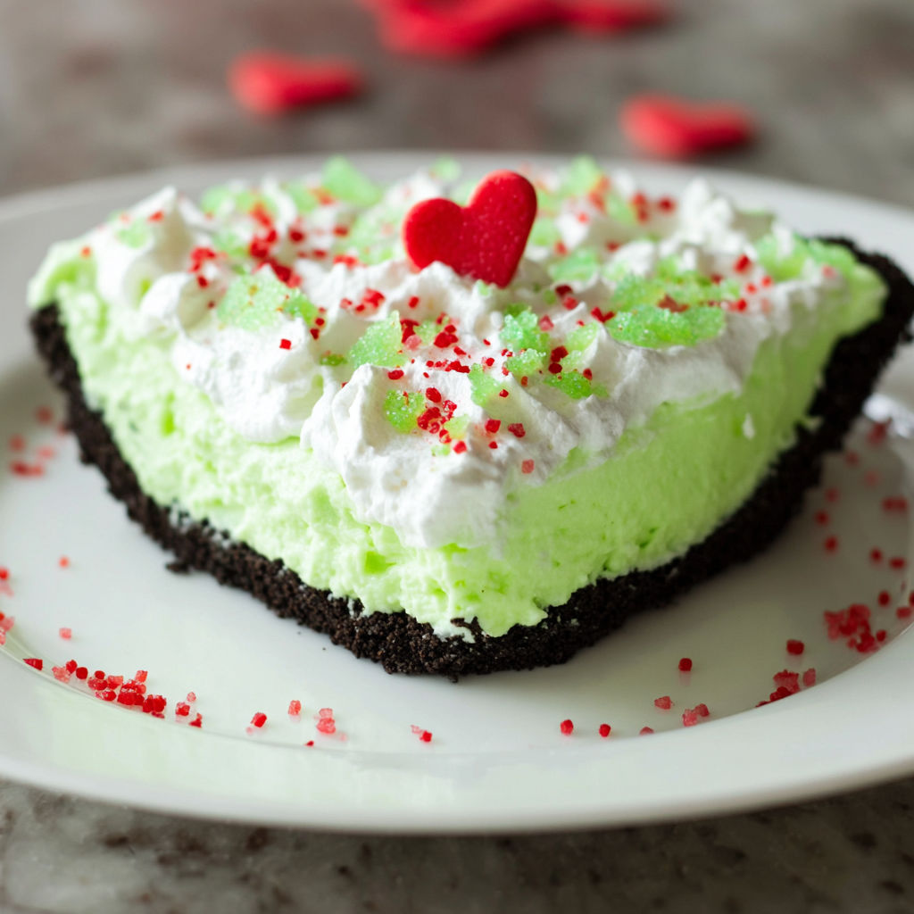 A slice of No Bake Grinch Pie with a heart on top.
