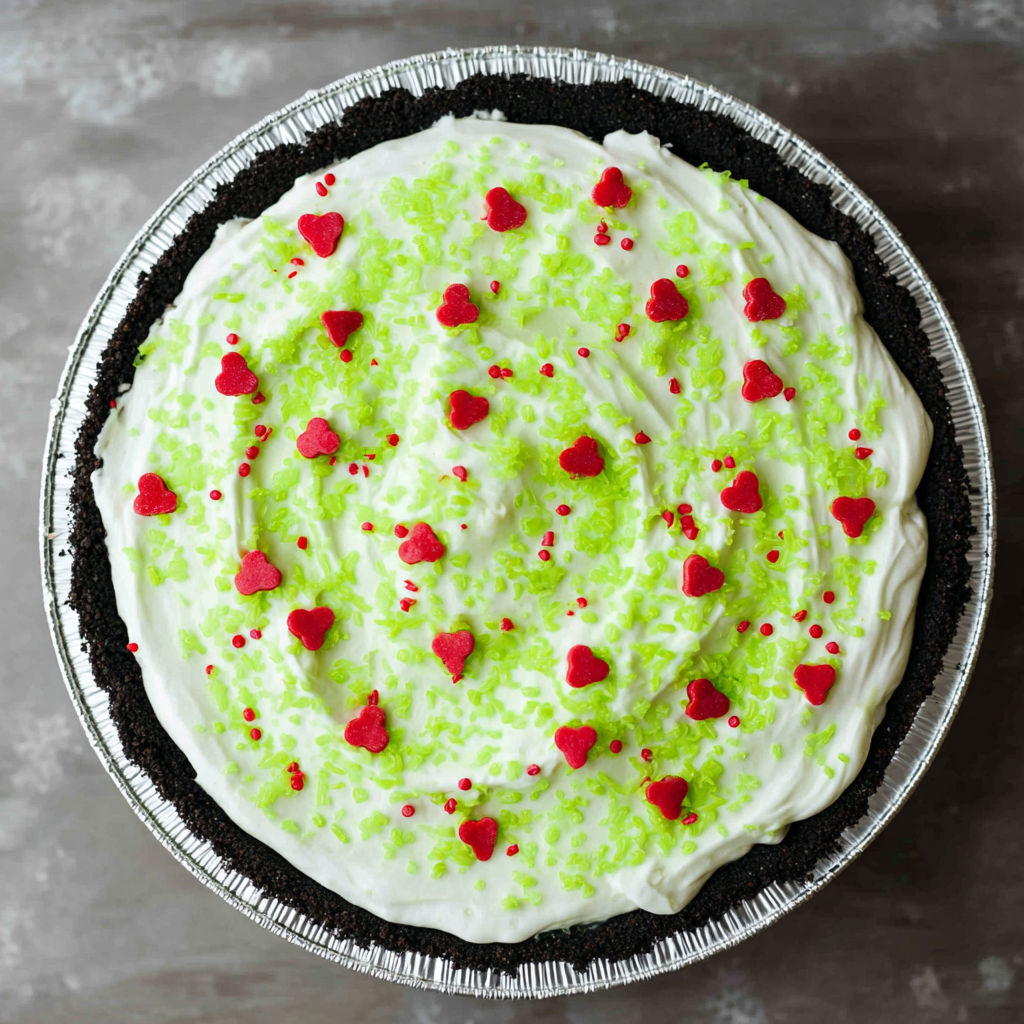 A green and white pie with hearts on top is displayed in a tin.