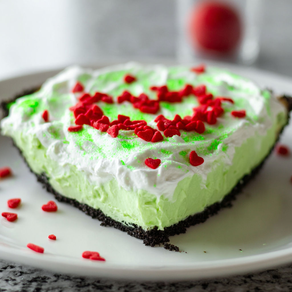 A slice of green and red pie with a heart shape on top.