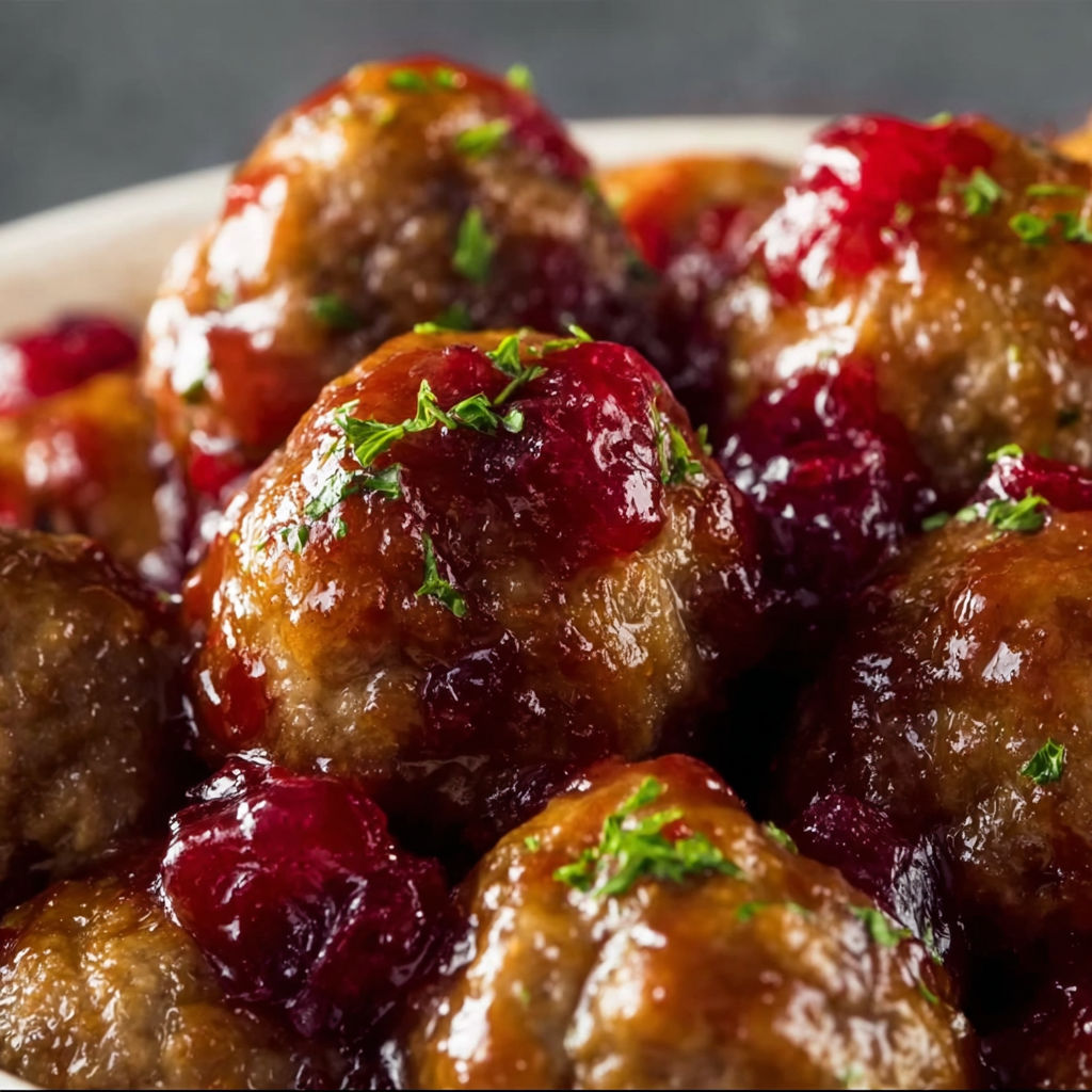A plate of Christmas meatballs with a sauce and a green garnish.