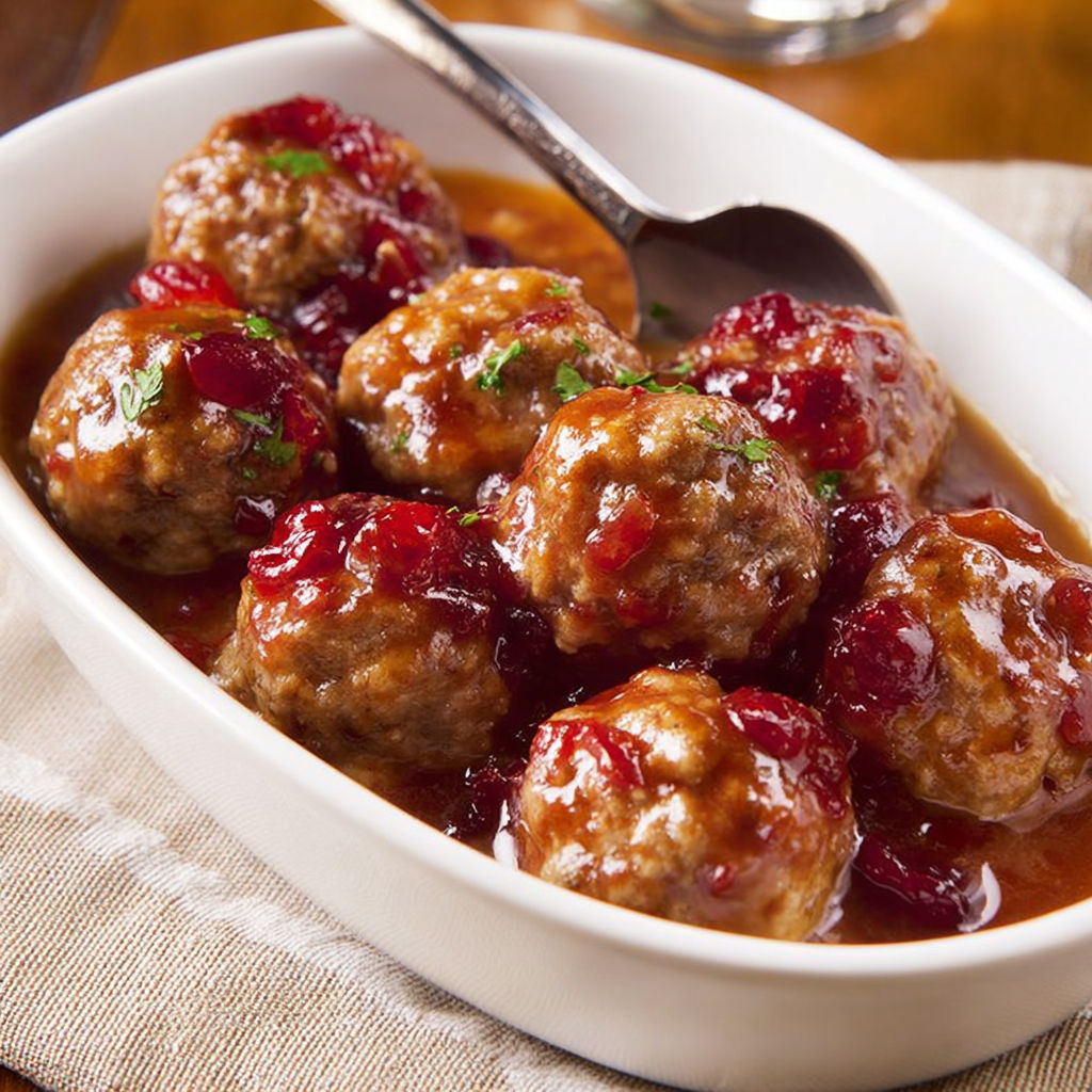 A bowl of meatballs in a brown sauce, garnished with a green herb.
