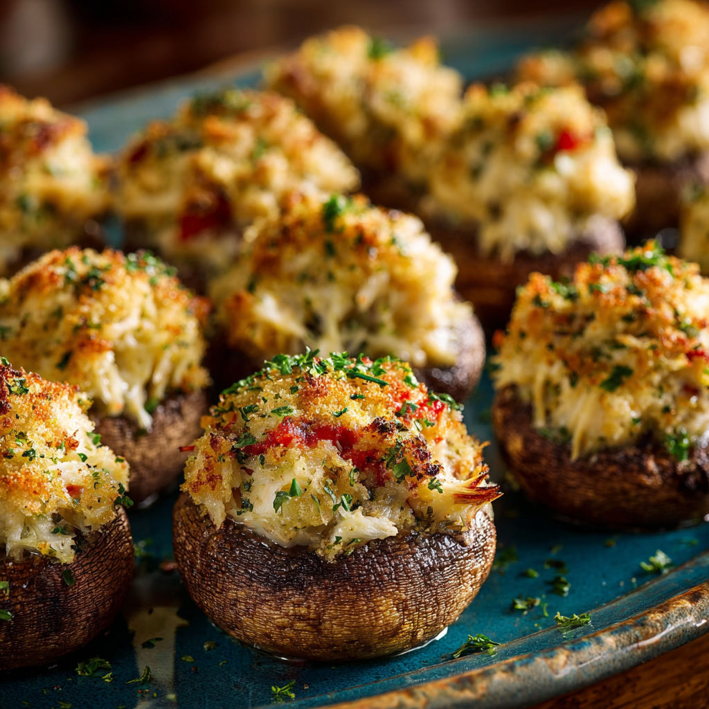 A plate of mushrooms covered in cheese and herbs, ready to be baked.