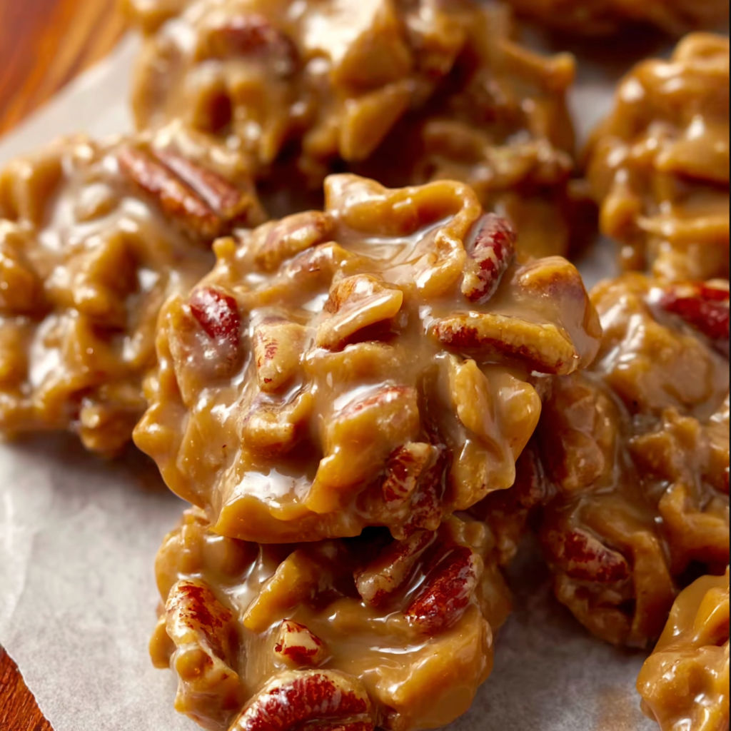 A close up of pecan pie with a drizzle of caramel sauce.