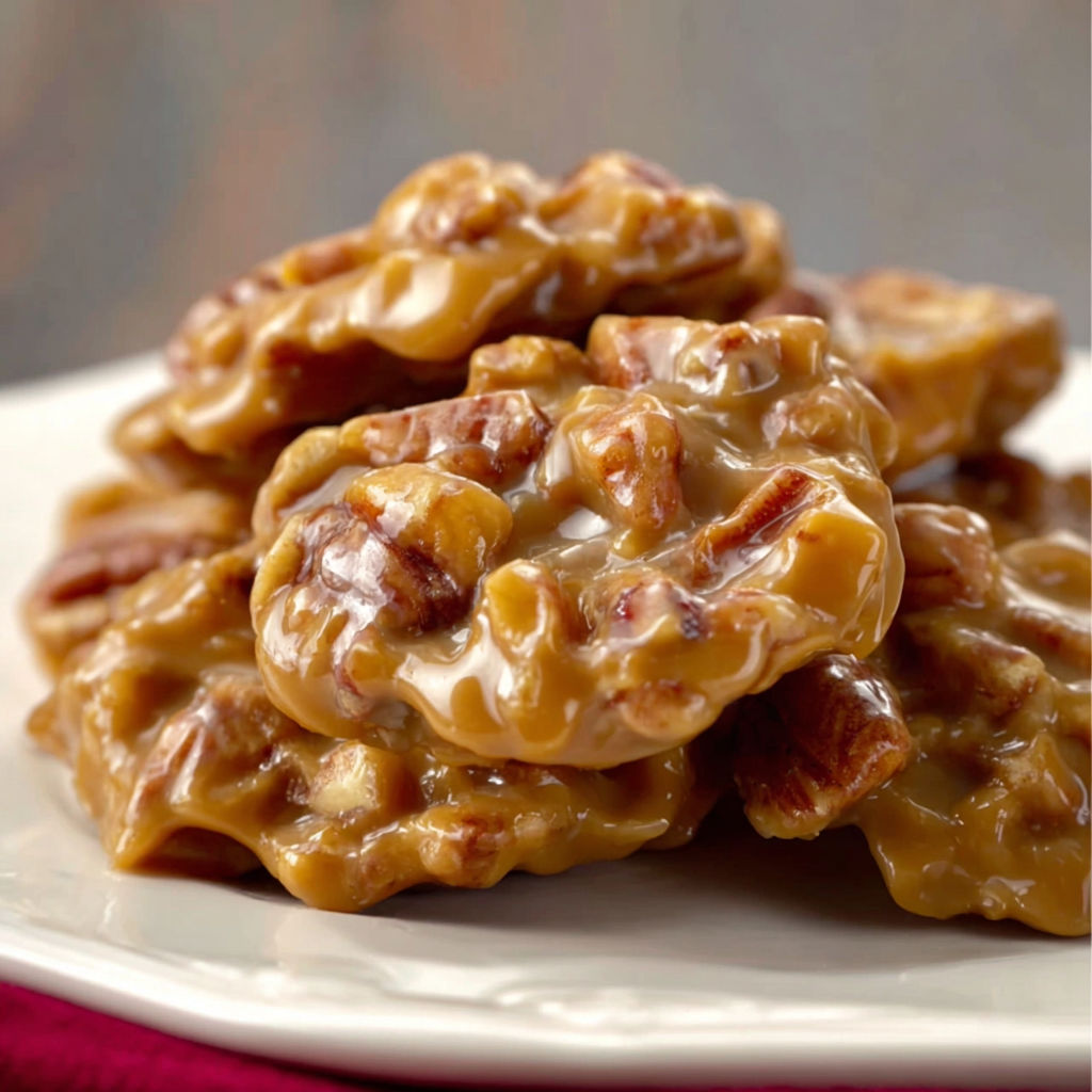 A plate of pecan caramel candies with a brown glaze.