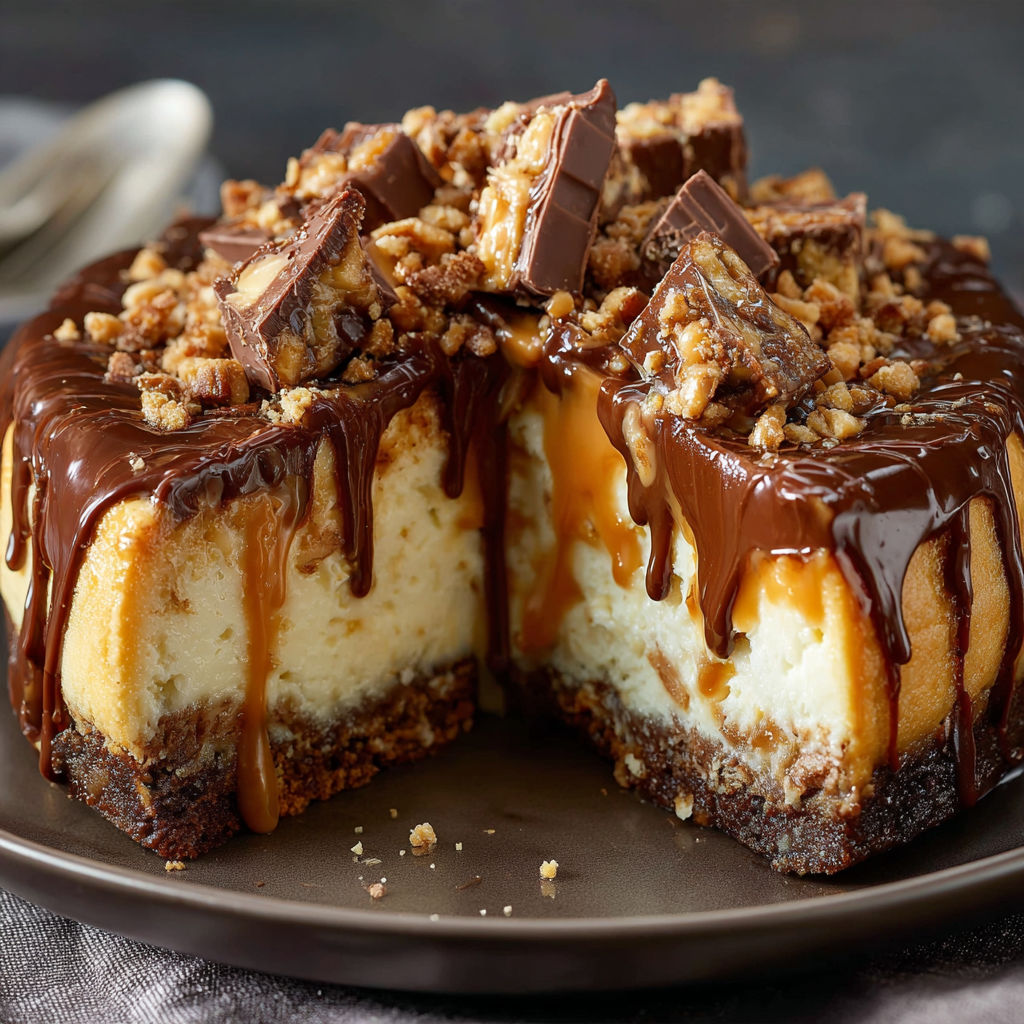 A slice of Snickers cheesecake with chocolate drizzle.
