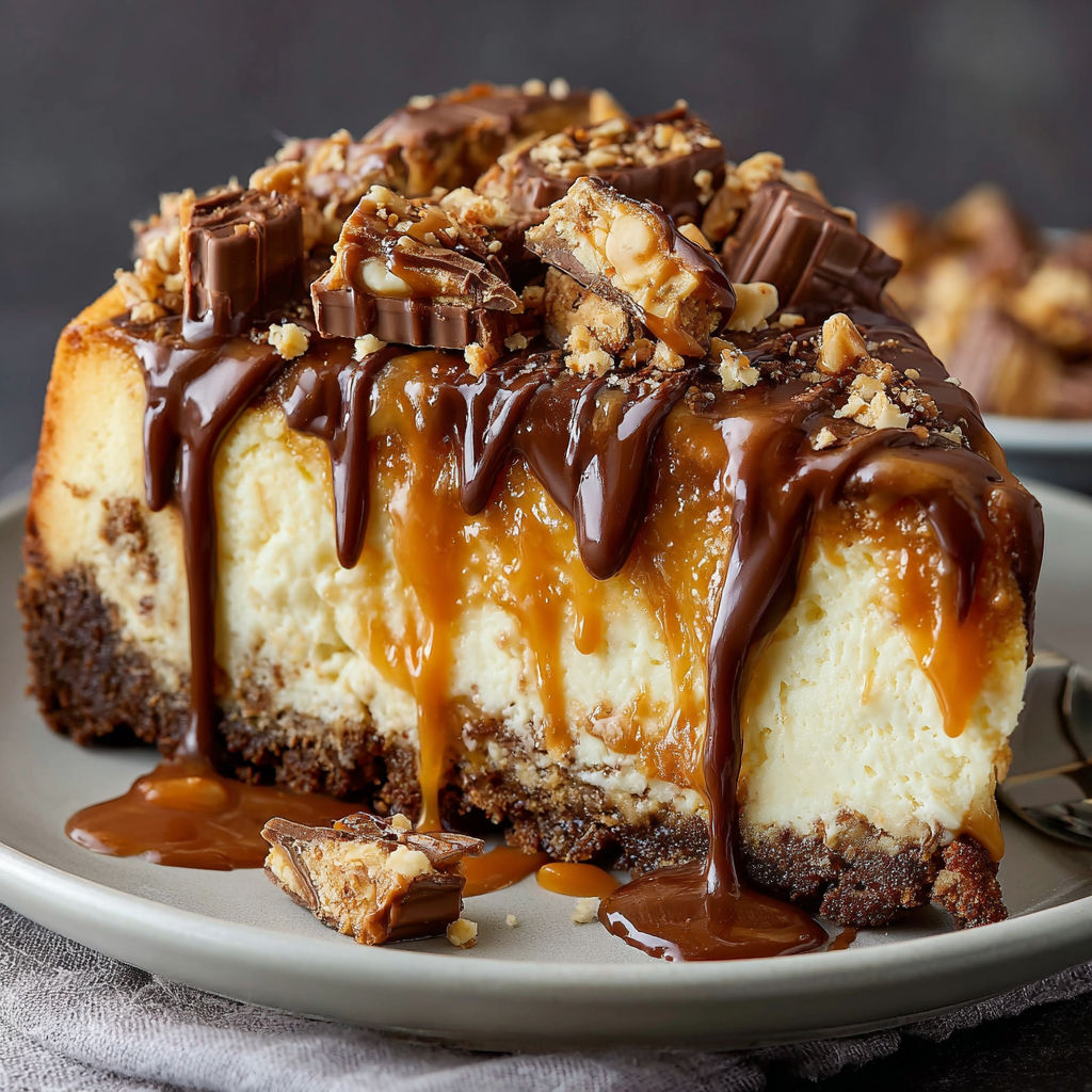 A slice of Snickers cheesecake with caramel drizzle on a plate.