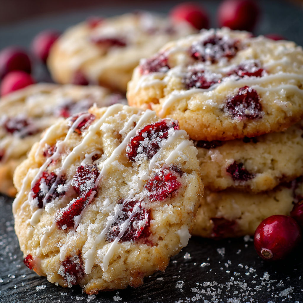 A stack of Cranberry Orange WinterGlow Crème Cookies with white icing and red berries on top.