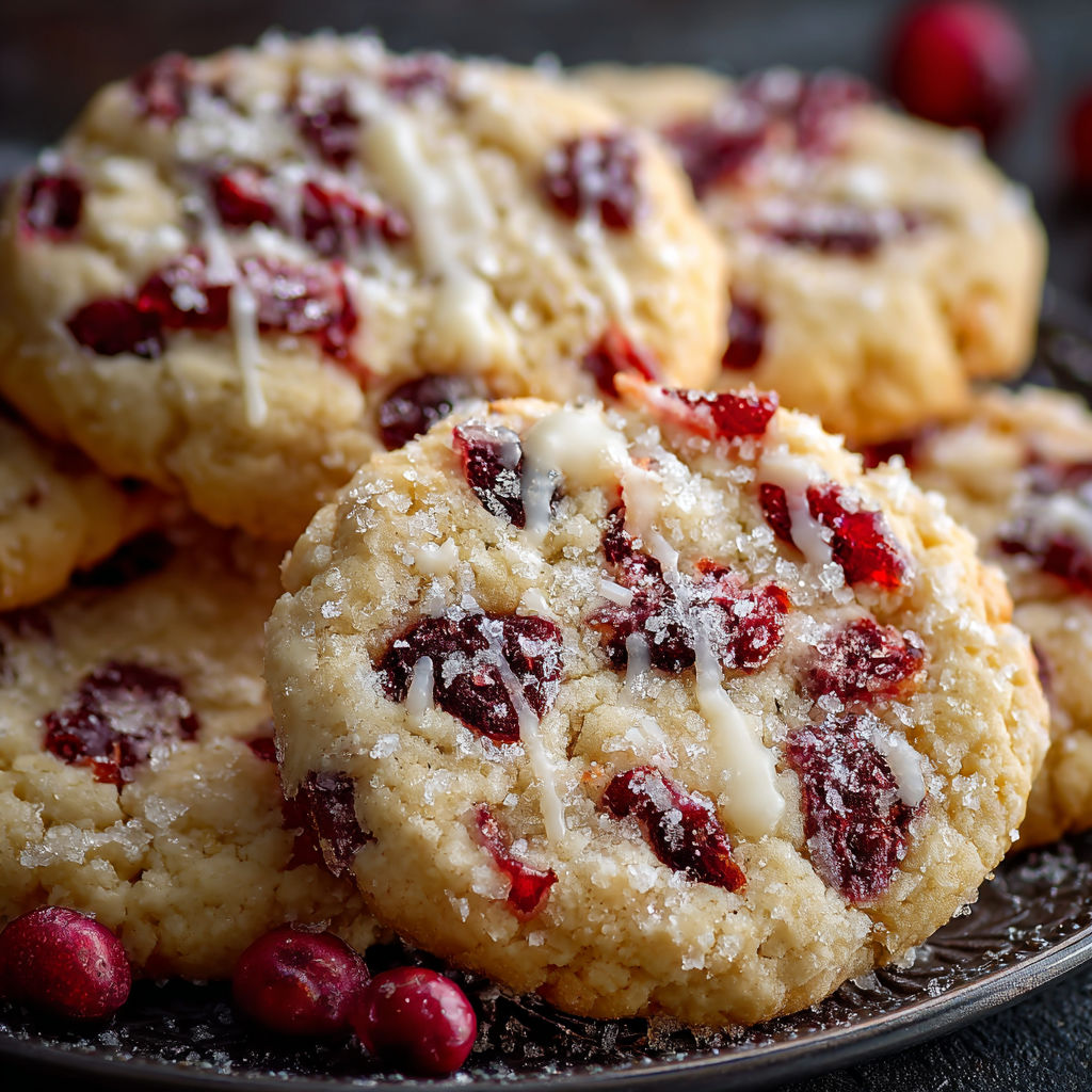 A plate of cookies with white icing and red berries on top.