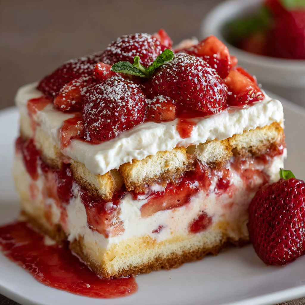 A slice of Italian Strawberry Tiramisu is displayed on a white plate.