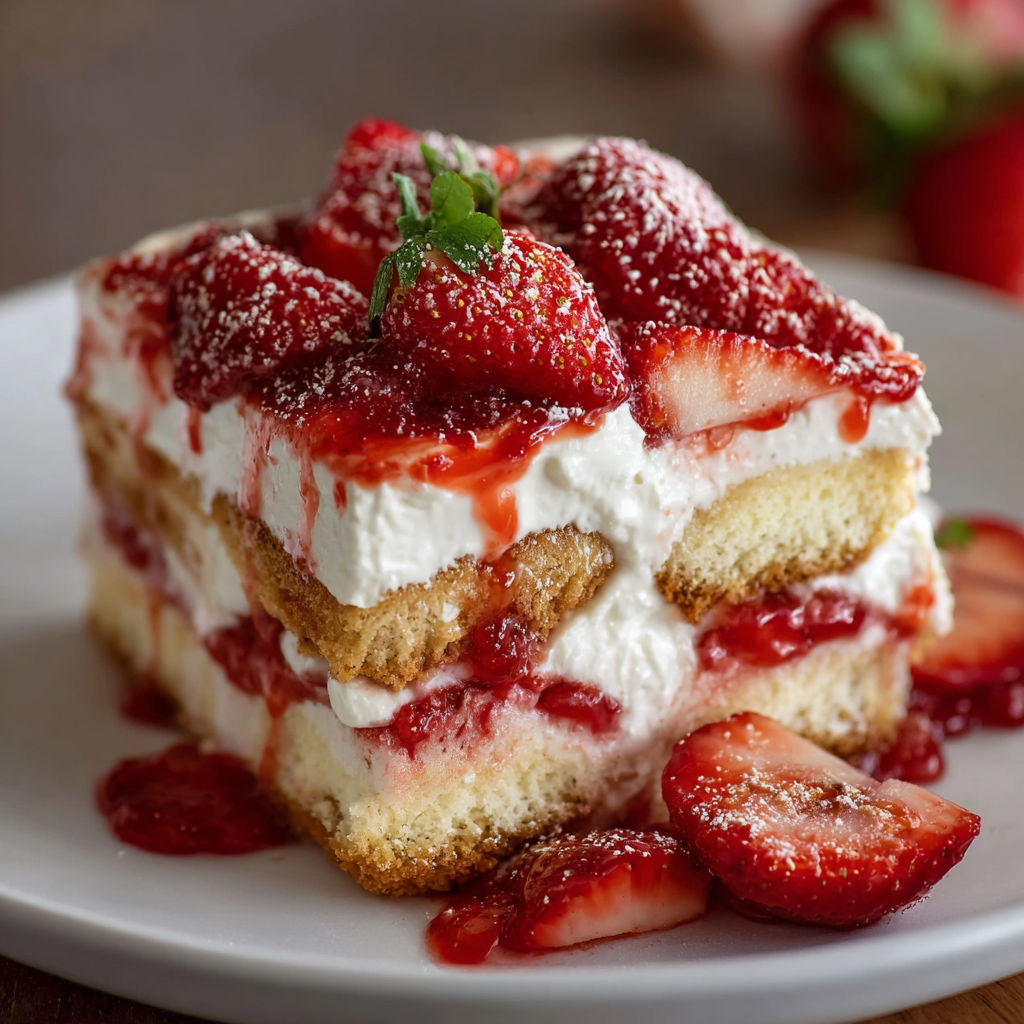 A slice of cake with strawberries and whipped cream on a plate.