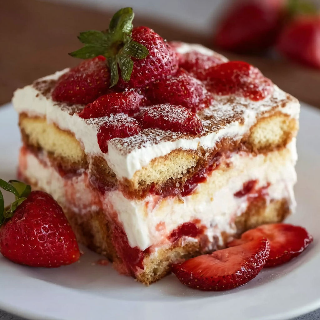 A slice of strawberry cheesecake with whipped cream on a white plate.