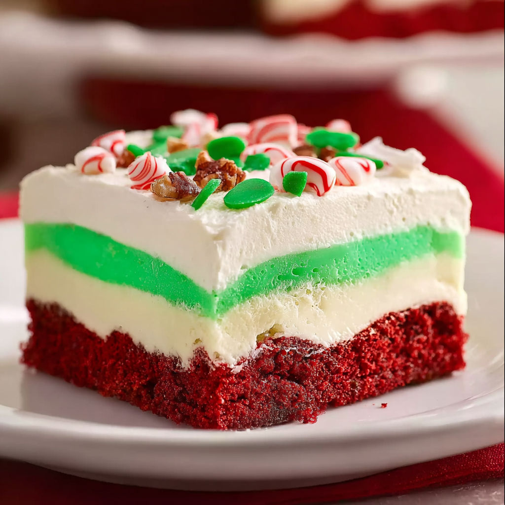 A slice of Christmas Lush Dessert, a delicious and festive treat.