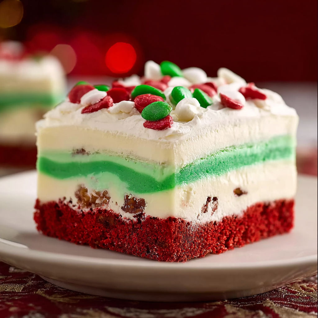 A slice of cake with white and red frosting, topped with candy canes.