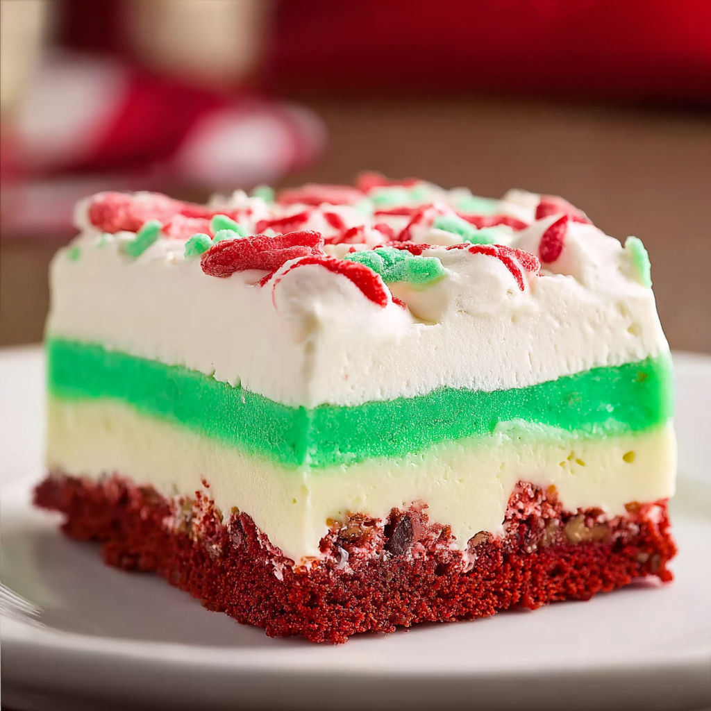 A slice of cake with green and red frosting, sitting on a white plate.