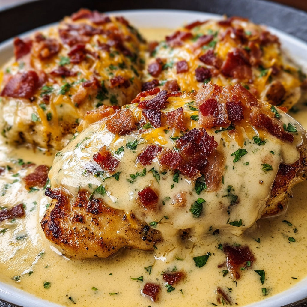 A plate of chicken covered in cheese and bacon, served with a creamy sauce.