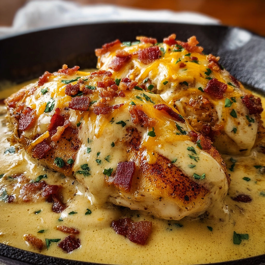 A delicious meal of bacon and cheese covered chicken with a creamy sauce.