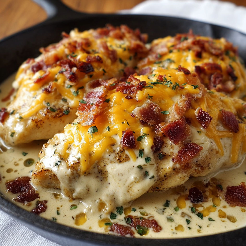 A delicious bacon and cheese covered chicken dish is served in a black skillet.