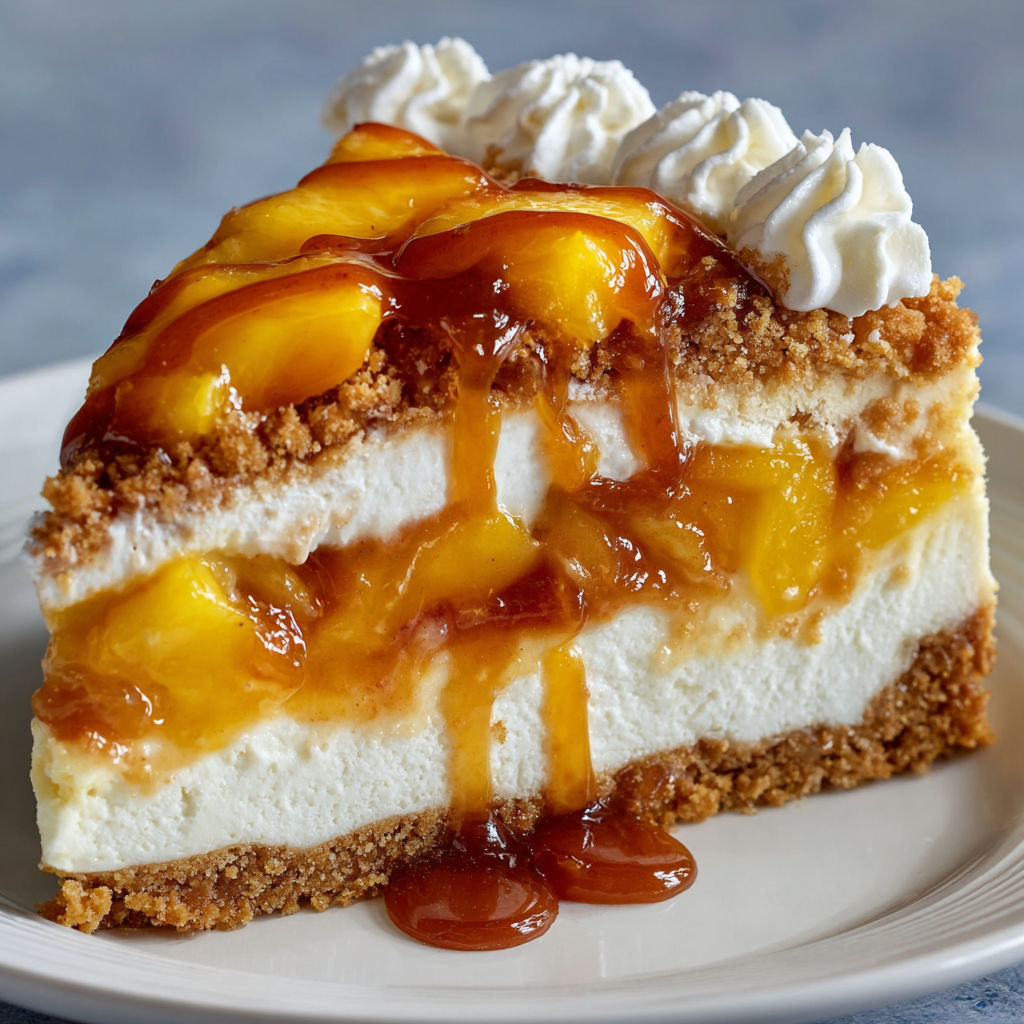 A slice of cheesecake with a caramel sauce drizzle.