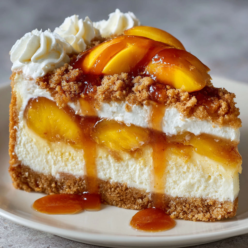 A slice of peach cobbler cheesecake on a plate.