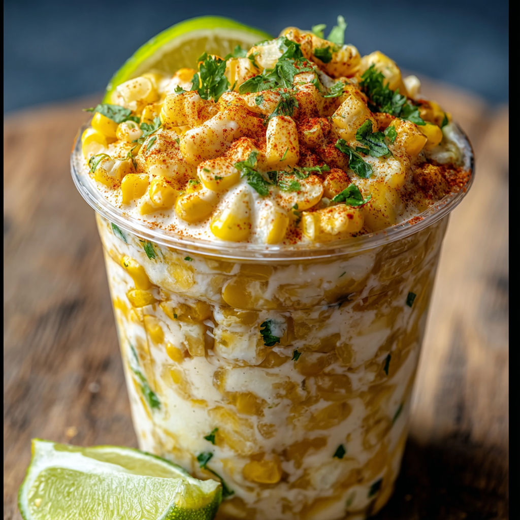 A creamy Mexican street corn cup filled with corn and lime.