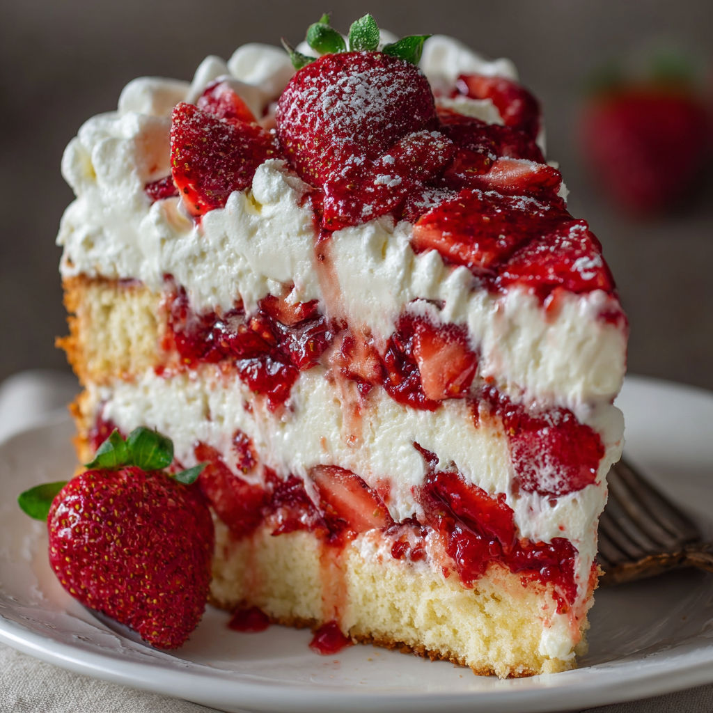 A slice of Strawberries and Cream Dream Layer Cheesecake Cake on a plate.