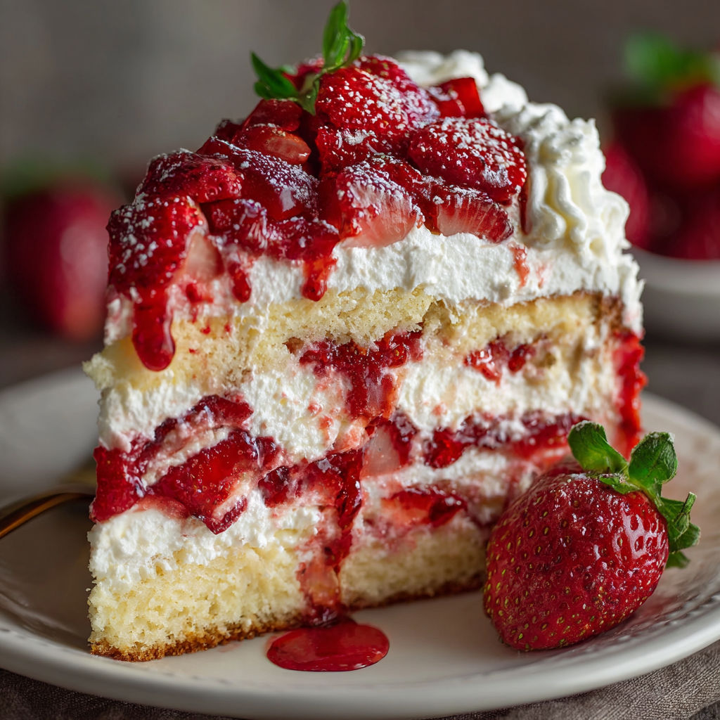 A slice of Strawberries and Cream Dream Layer Cheesecake Cake is displayed on a plate.