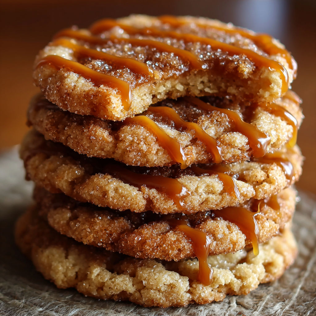 A stack of Brown Sugar Cinnamon Caramel Cookies with a drizzle of caramel sauce on top.