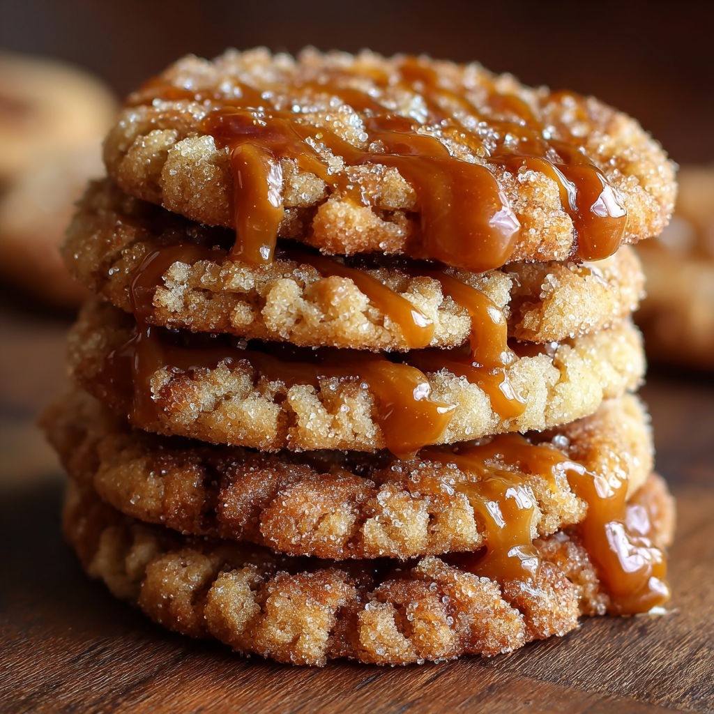 A stack of sugar-coated cookies with caramel drizzle.