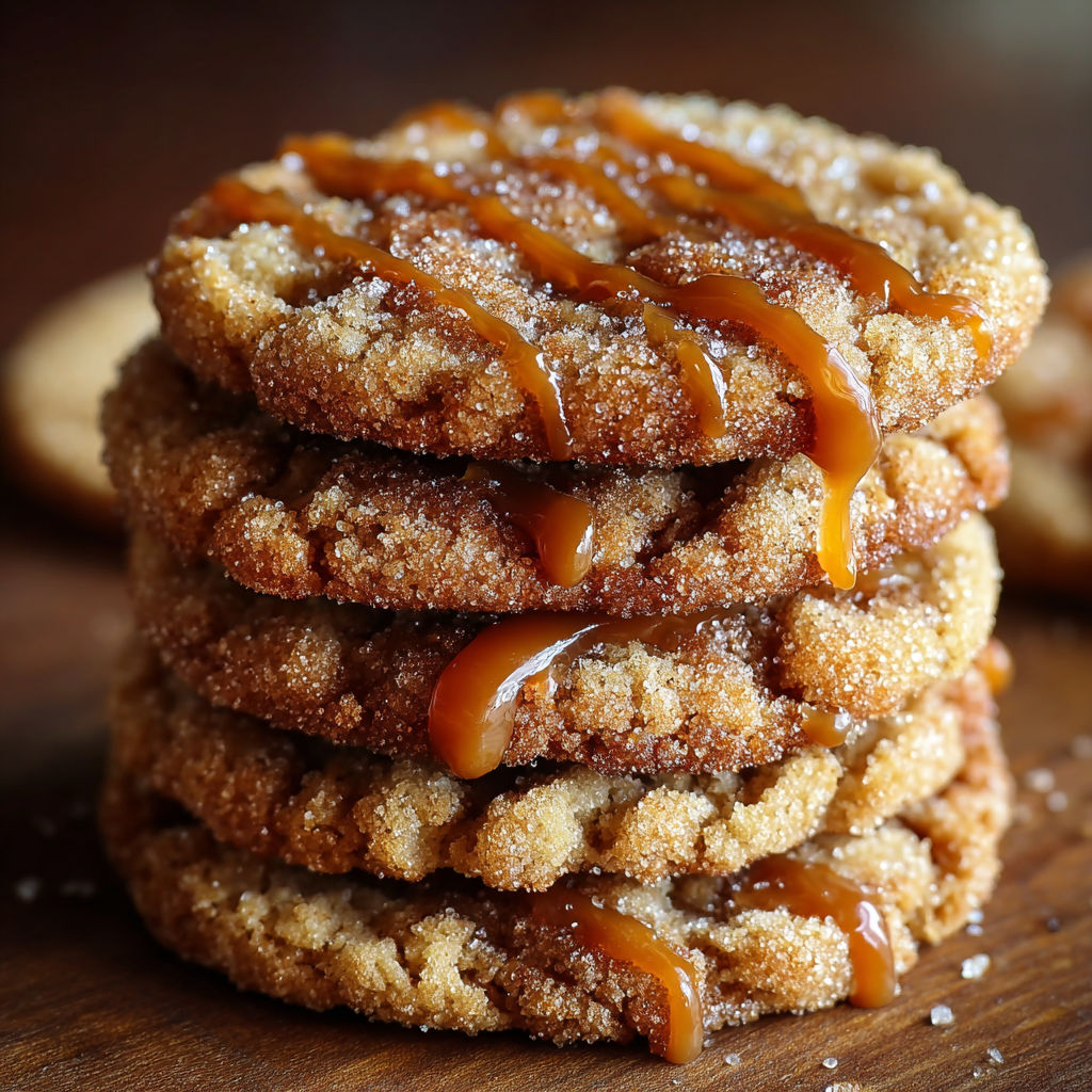A stack of sugar cookies with caramel drizzle on top.