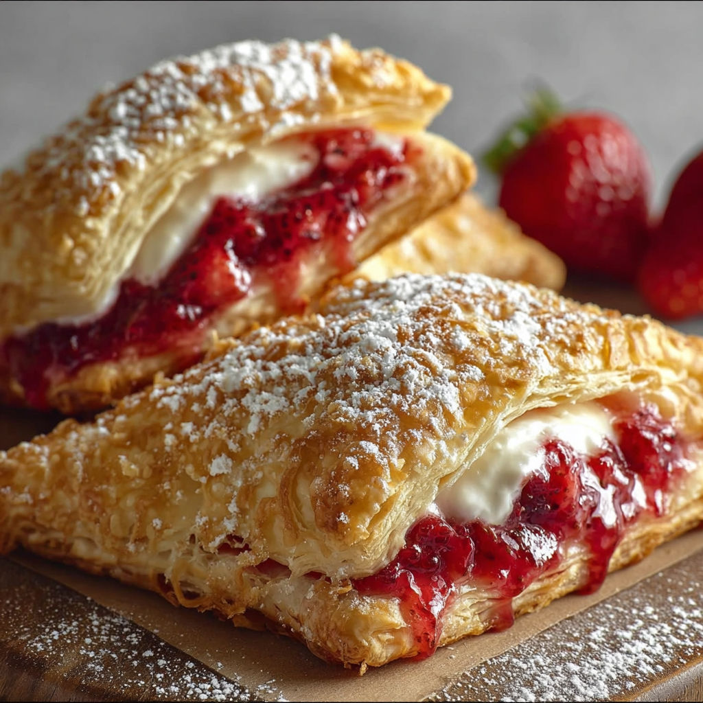 Two Strawberry Cheesecake Turnovers with powdered sugar and strawberries on a table.