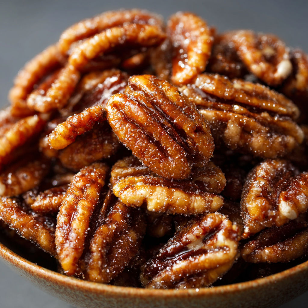 A bowl filled with pecans covered in a sweet glaze.