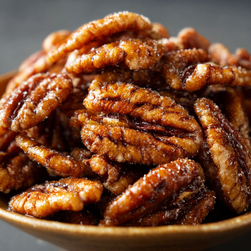 A bowl filled with pecans covered in sugar and cinnamon, ready to be used in a recipe.