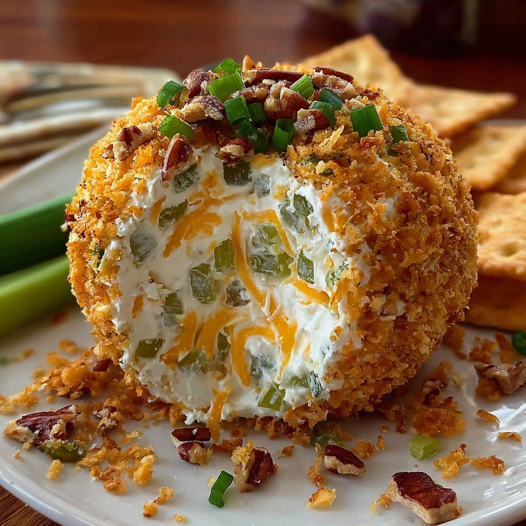 A plate of food with a cheese and vegetable ball on top.