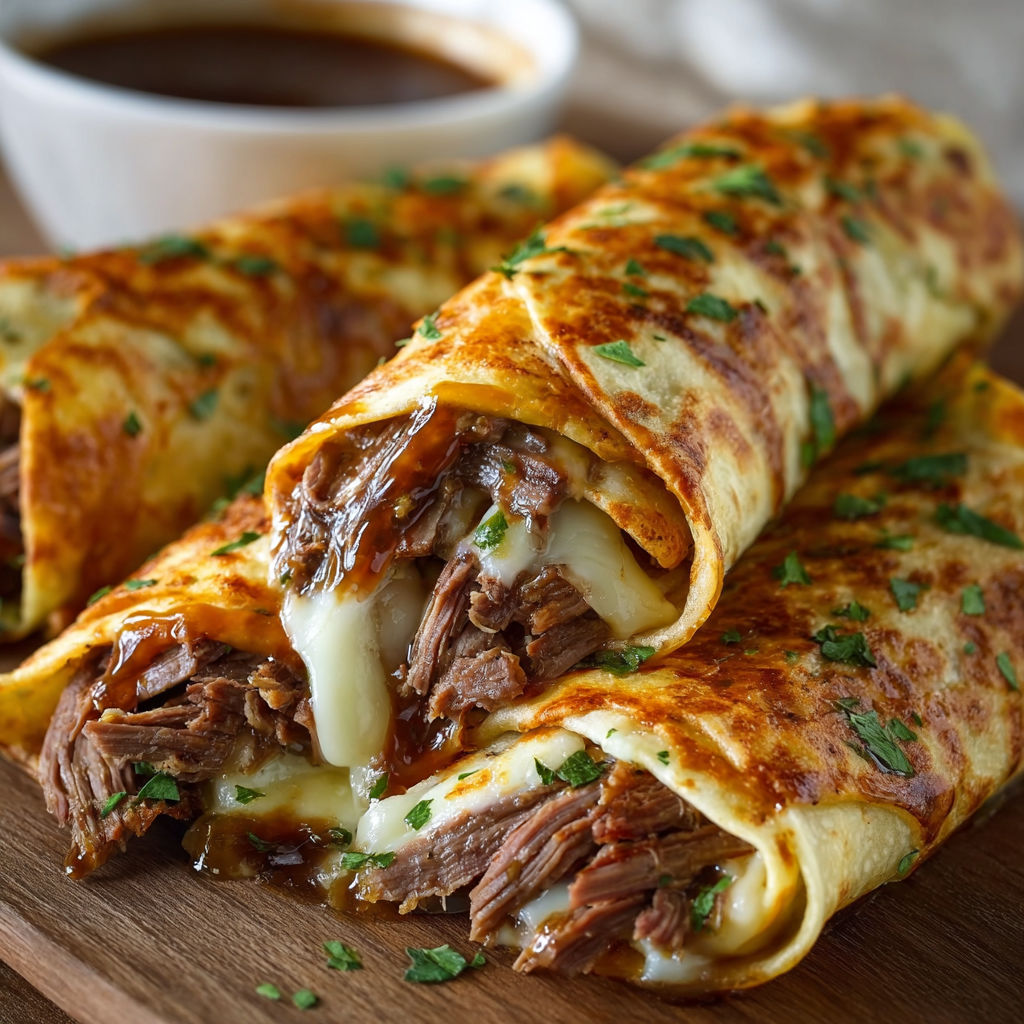 A delicious French Dip Tortilla Roll Up is served with a side of dipping sauce.