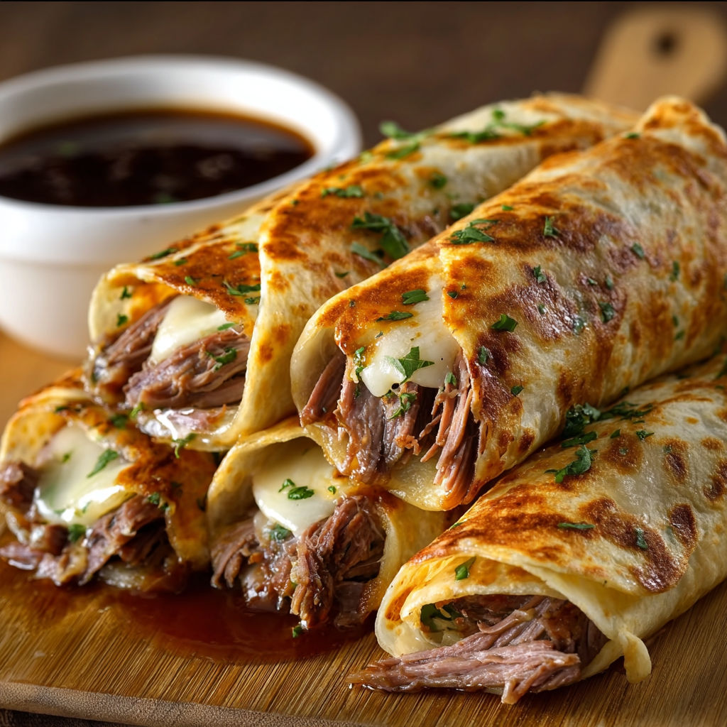 A delicious French Dip Tortilla Roll Up is served with a side of dipping sauce.