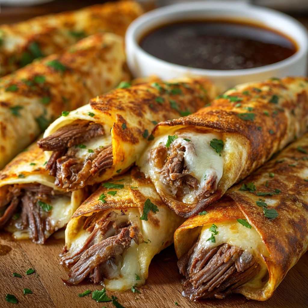 French Dip Tortilla Roll Ups with meat and cheese, served with a side of dipping sauce.