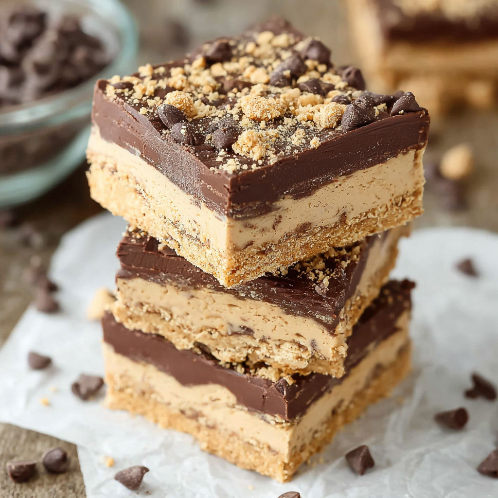 A stack of three chocolate peanut butter squares with crumbs on a plate.
