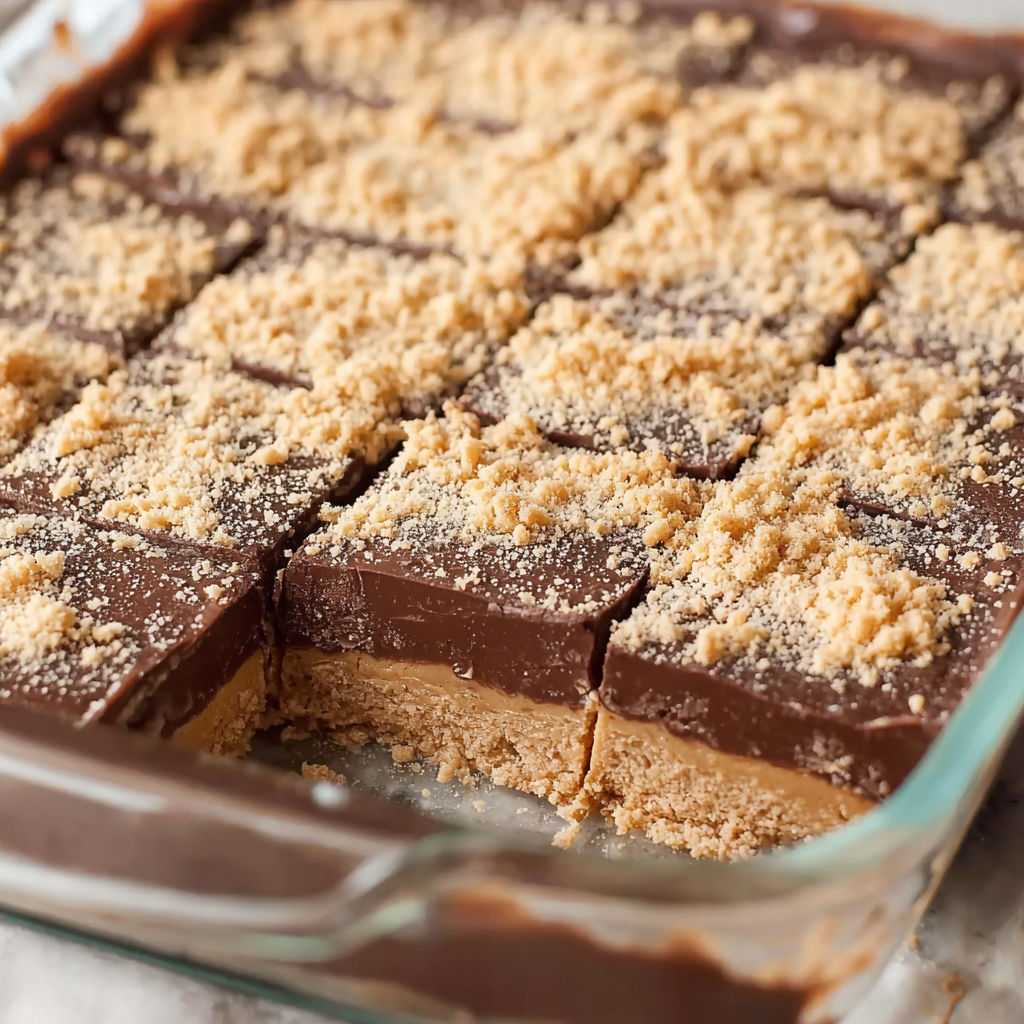 A close up of a delicious dessert, possibly a peanut butter and oatmeal bar, with a crumbly topping.