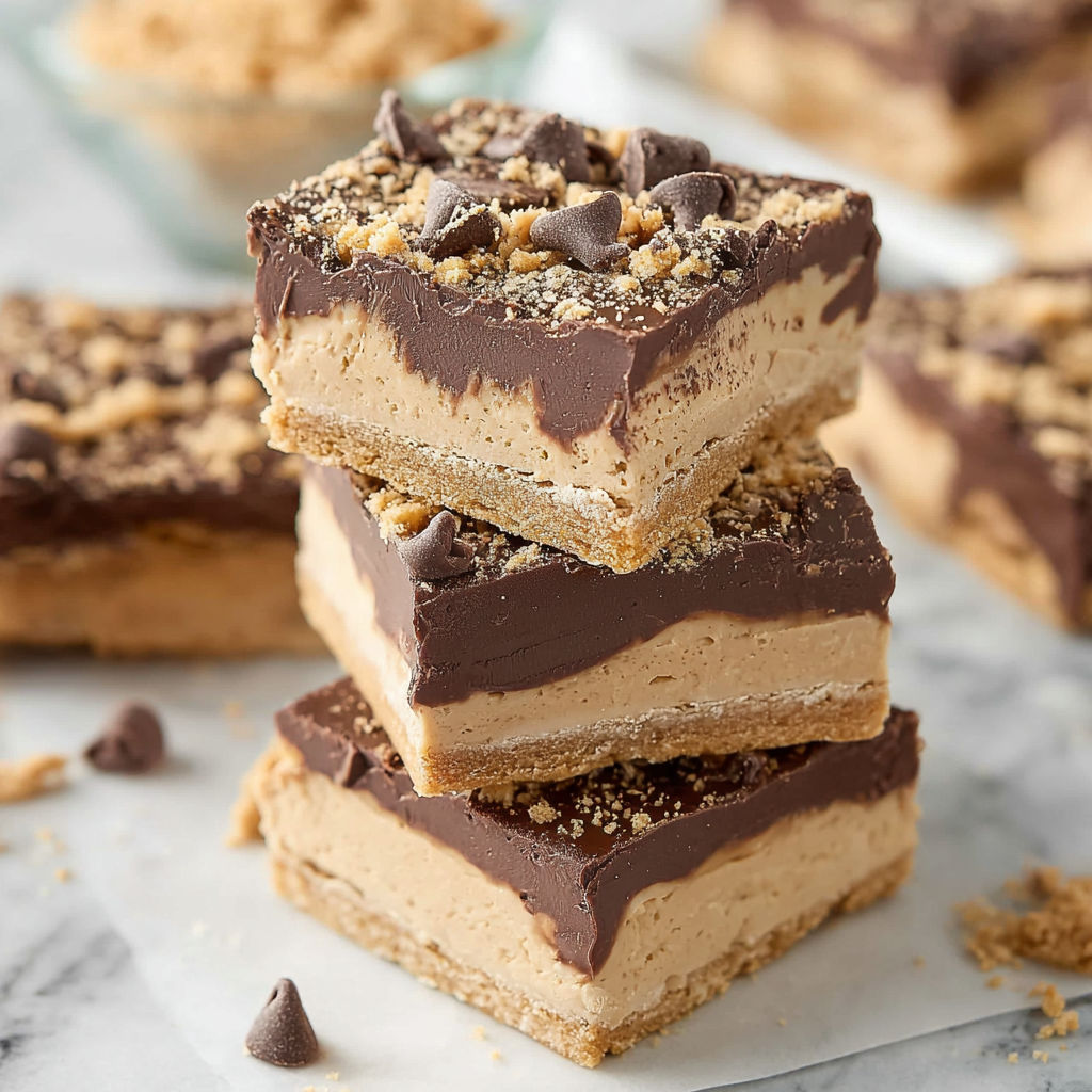 A close up of a chocolate and peanut butter dessert with a crumbly topping.