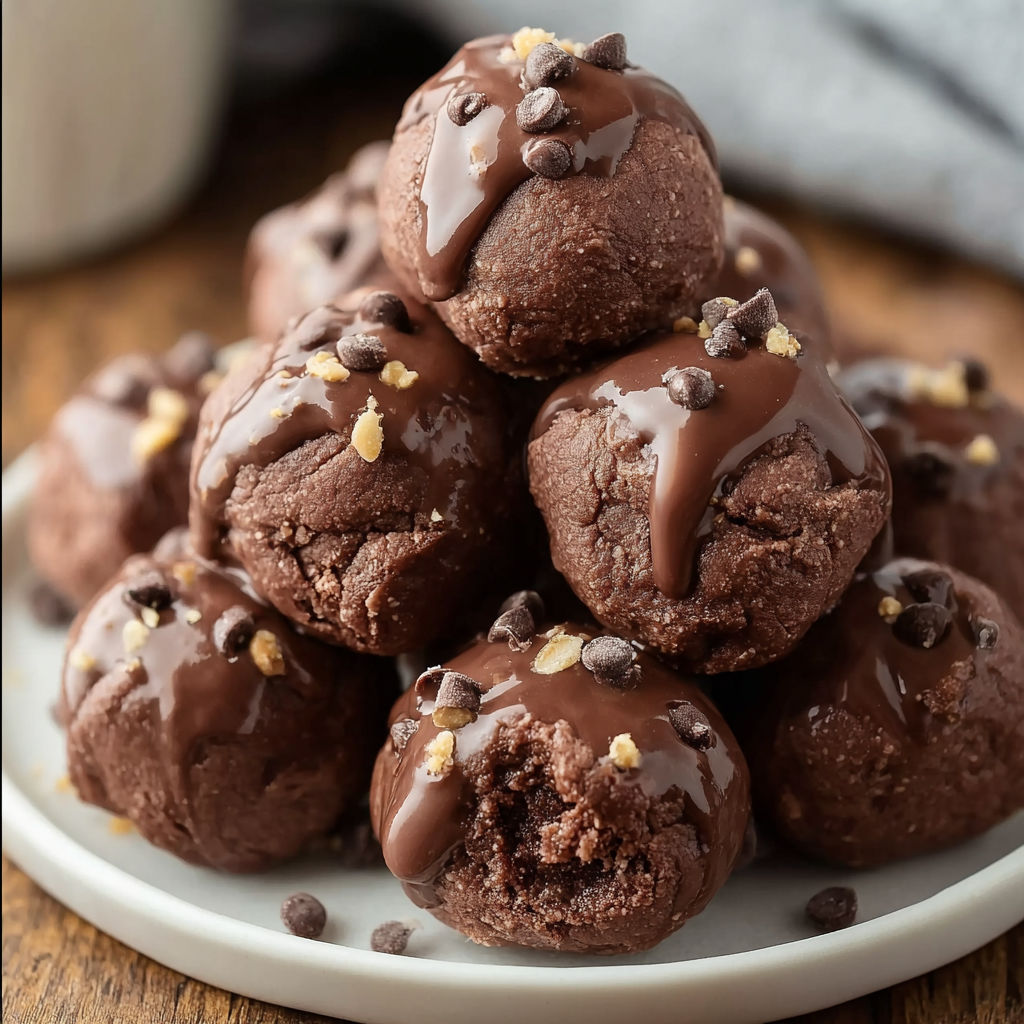 A plate of chocolate covered chocolate chip cookies with drizzled chocolate sauce on top.