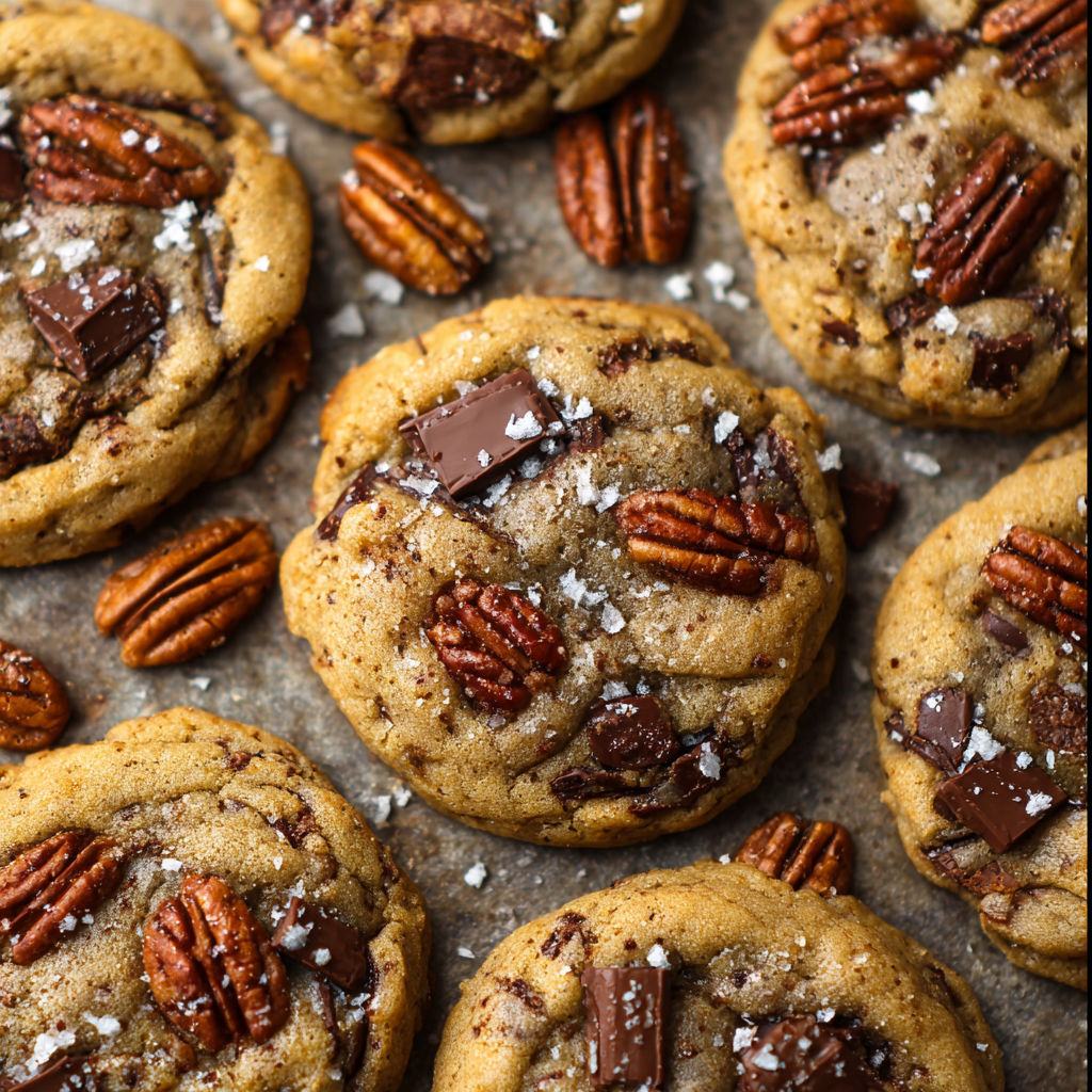 A close up of a pecan cookie with chocolate chips and salt.