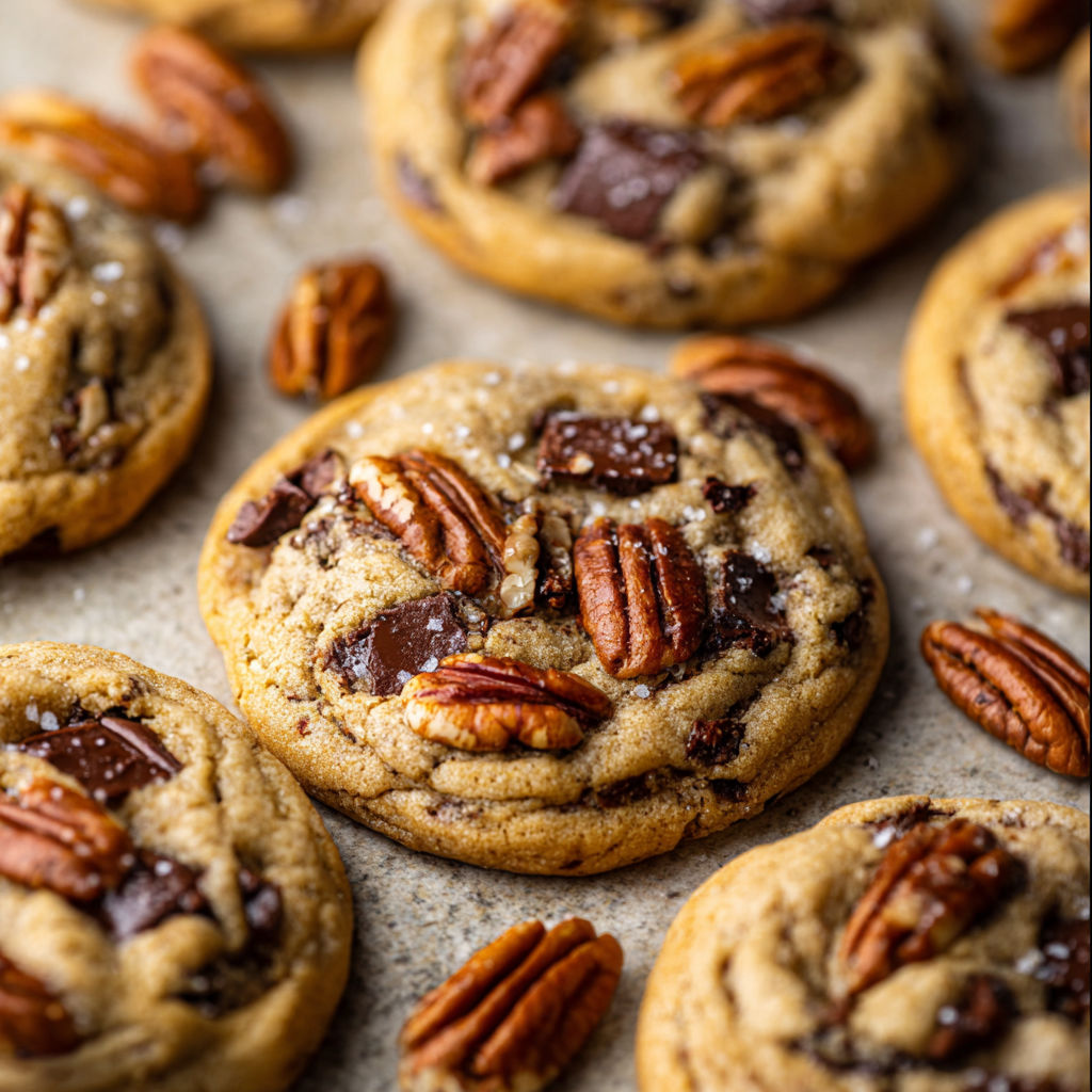 A close up of a delicious chocolate chip cookie with pecans and a dusting of powdered sugar.